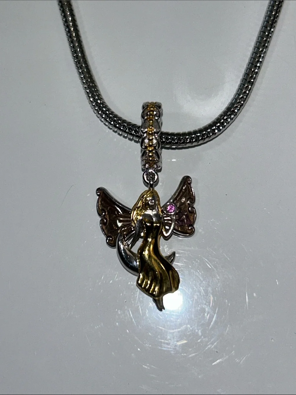 NWOT Gems En Vogue Palladium 18k Genuine Gemstone Swinging Moon Angel Euro Charm